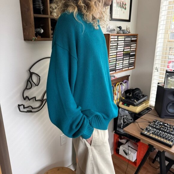 Vintage Deadstock 90s Eddie Bauer Teal Blue Knit Cotton Sweater ~ Size XL - Picture 2 of 6